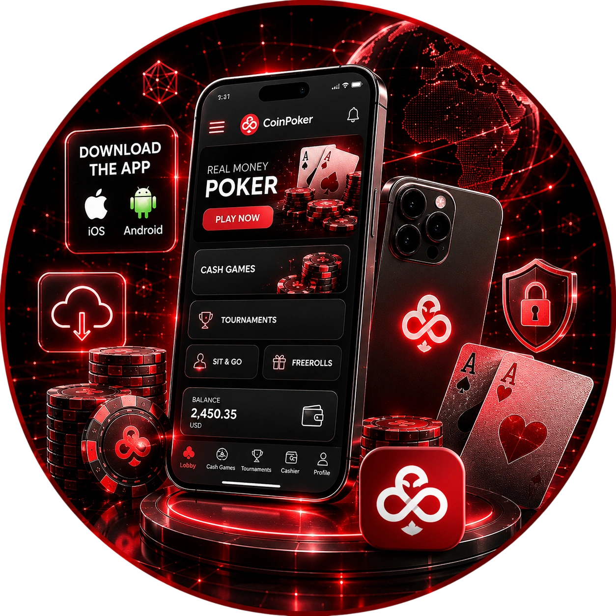 CoinPoker mobile app lobby with cash games and balance display