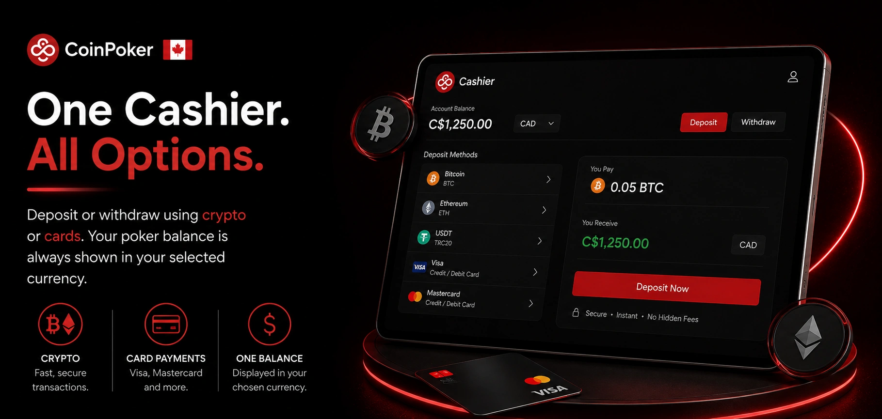 CoinPoker Canada cashier screen with crypto and card deposit options