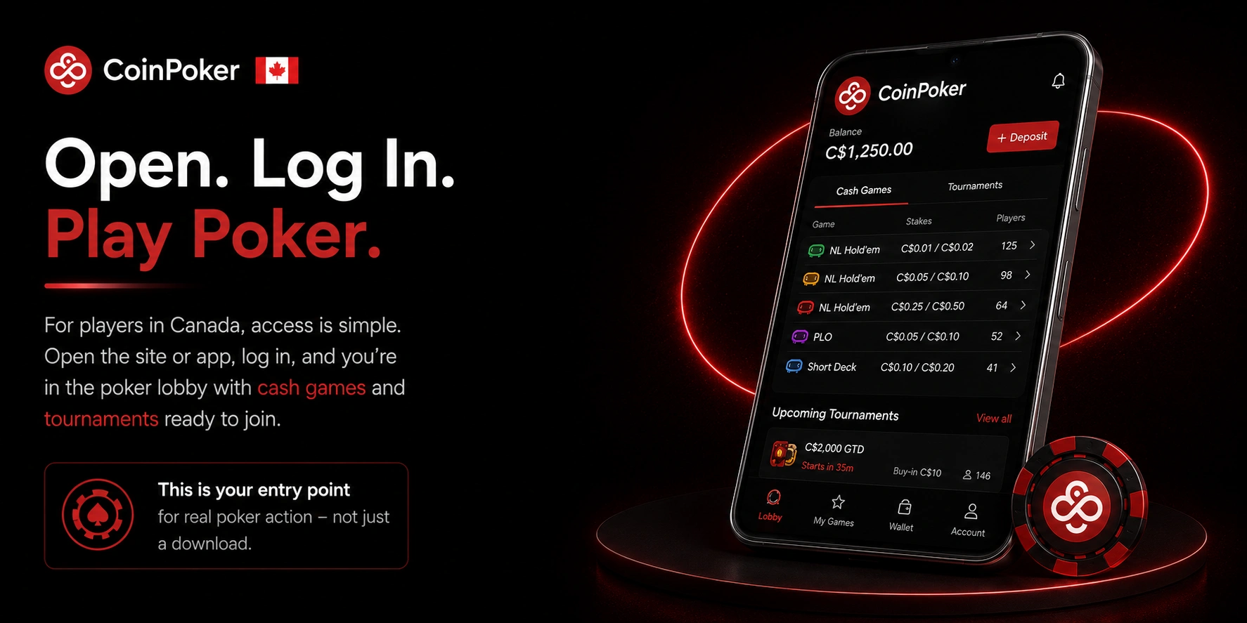 CoinPoker Canada phone screen showing cash games and tournaments