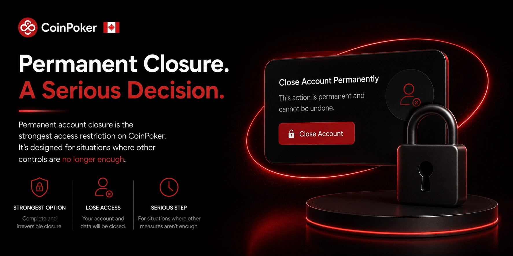 CoinPoker Canada permanent account closure warning with padlock