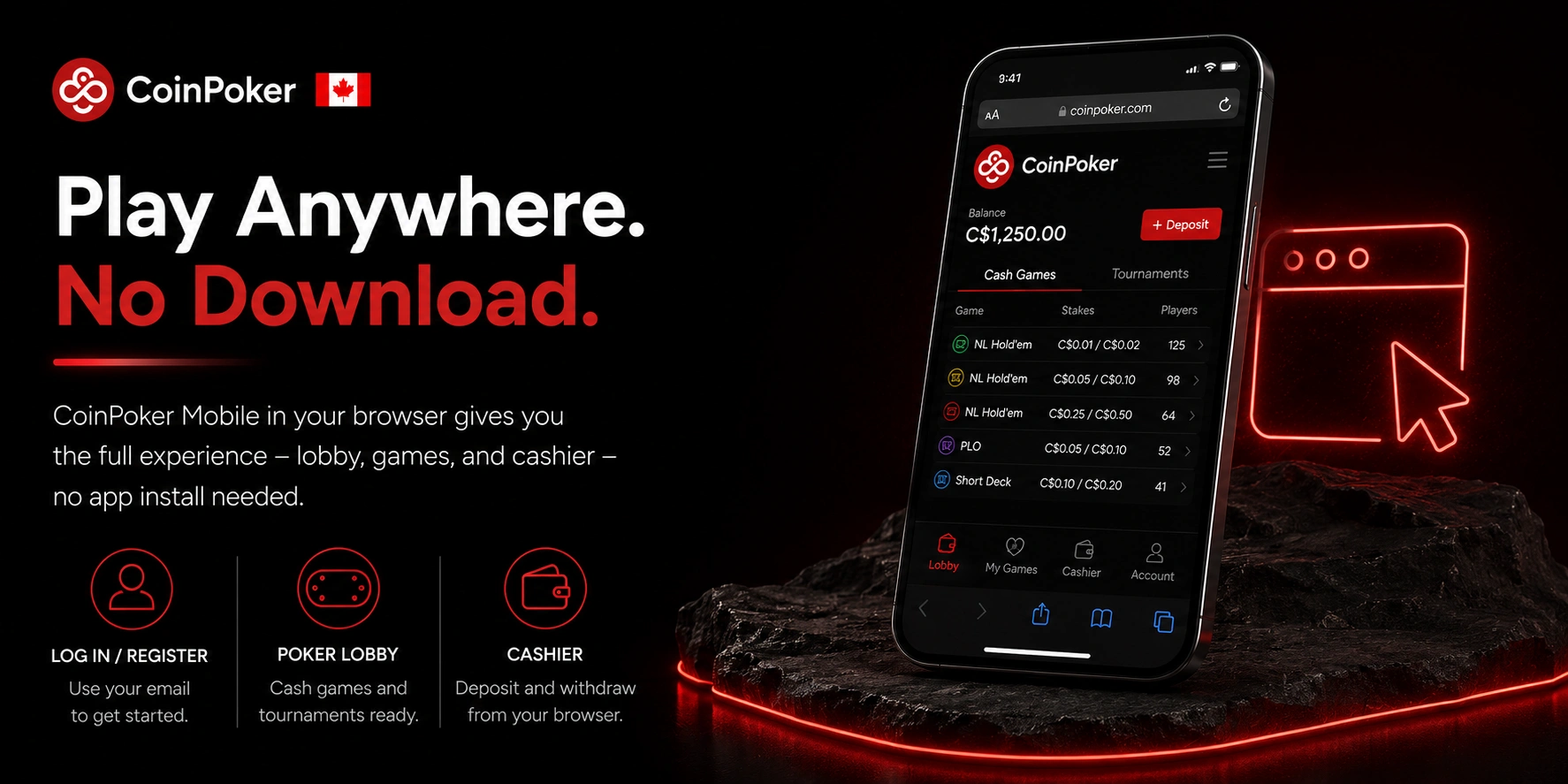CoinPoker Canada browser lobby on phone with no app download