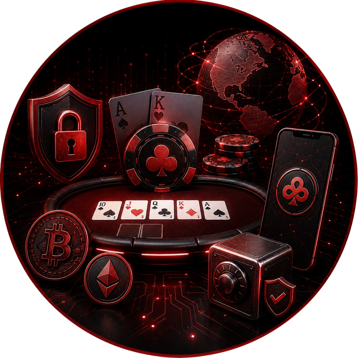 CoinPoker poker table with crypto coins and locked safe icon